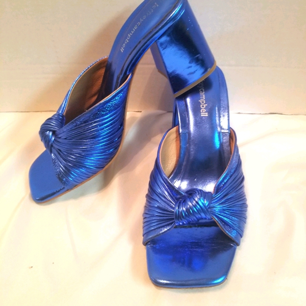 Jeffrey Campbell Metallic Blue Knotted Mule Heels